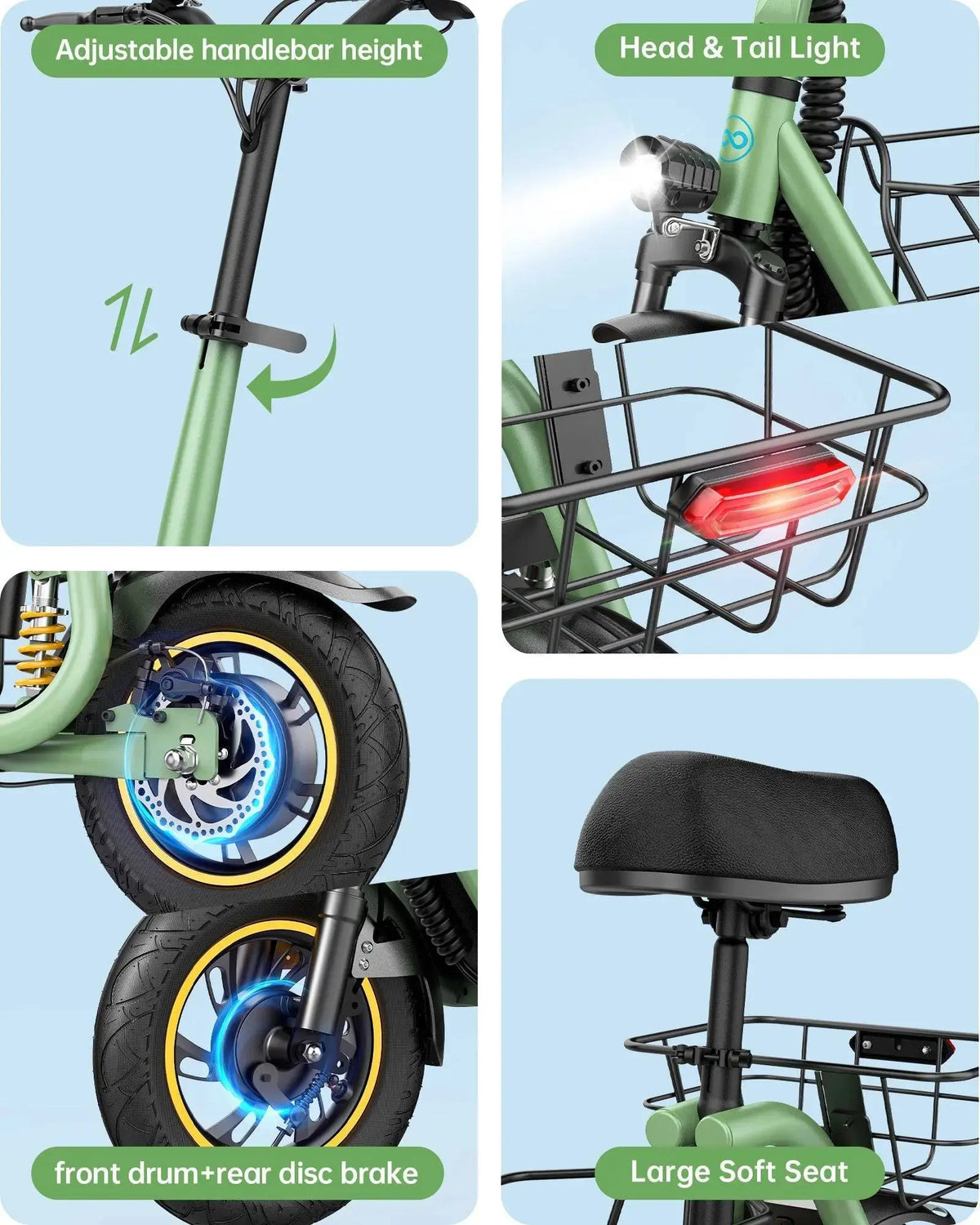 electric scooter adjustable handlebar height large seat head and tail light with dual braking system