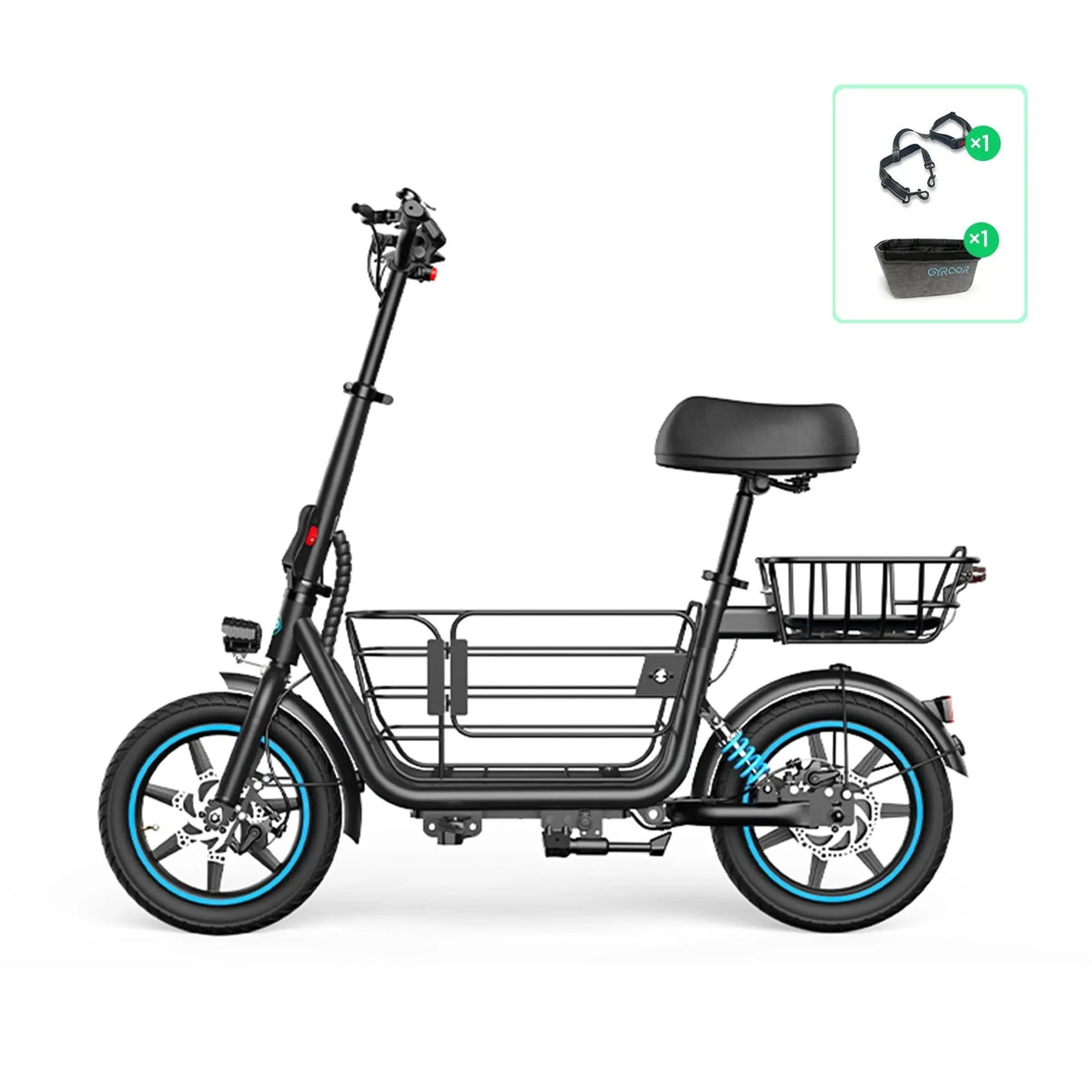 Black Gyroor C1 Plus seated electric scooter with large center basket and rear basket