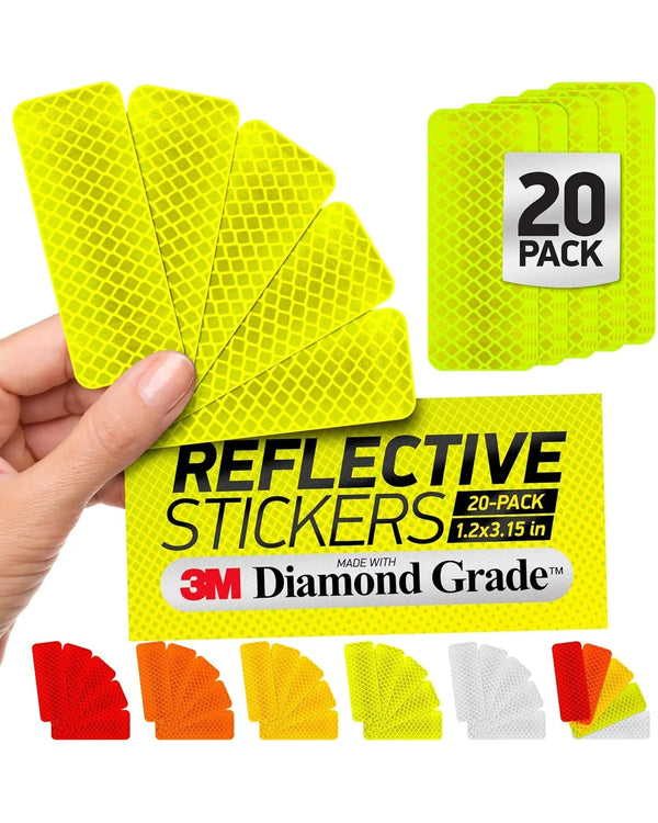 Bright yellow reflective safety tape stickers with diamond-grade material, 1.2 x 3.15 inches, for vehicle visibility, 20-pack