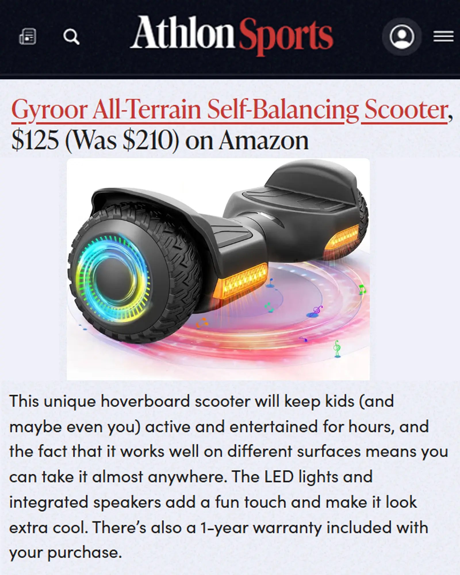 Gyroor G13 hoverboard featured in Athlon Sports review