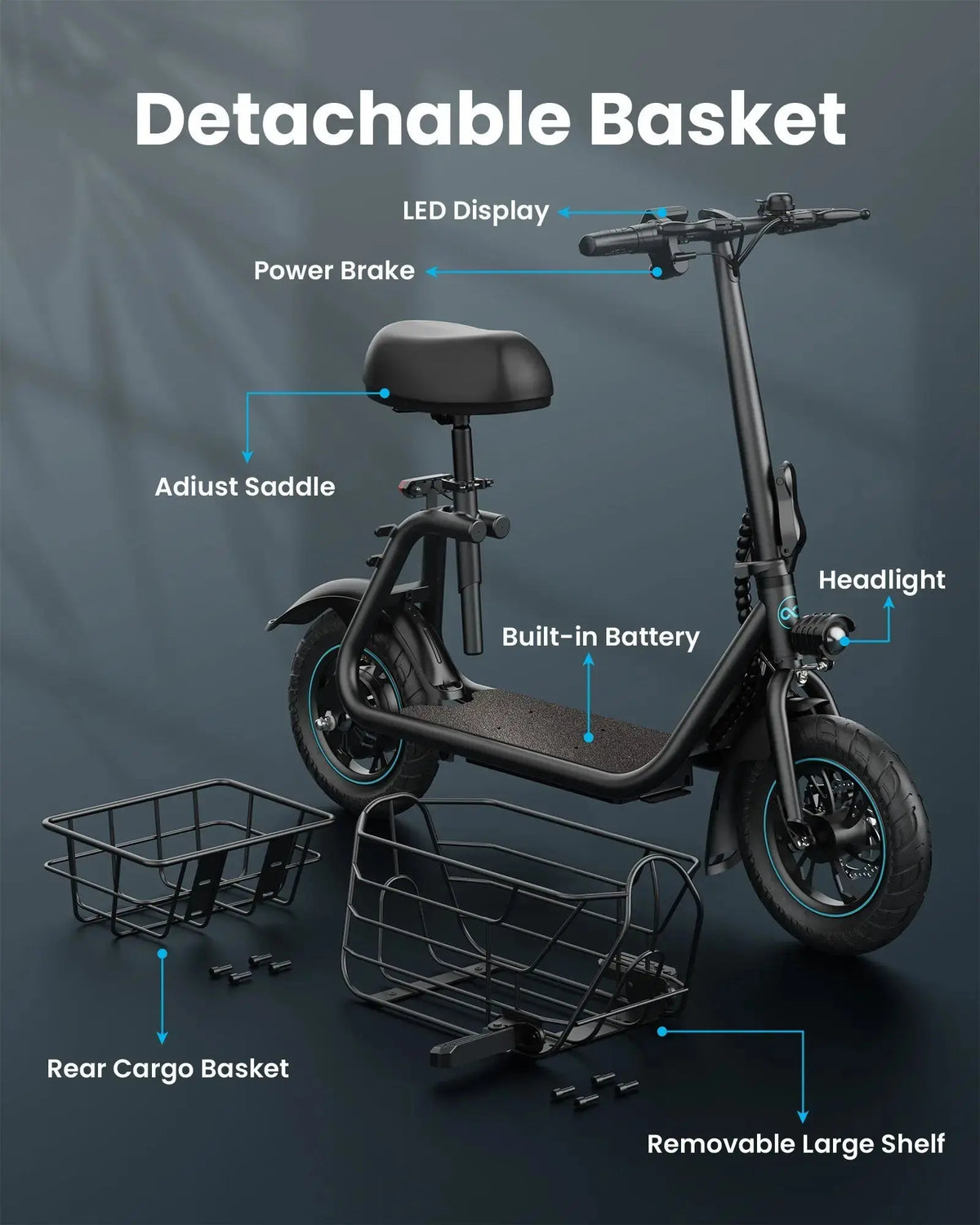 electric scooter with seat side view dual Detachable Basket cargo storage wide deck design