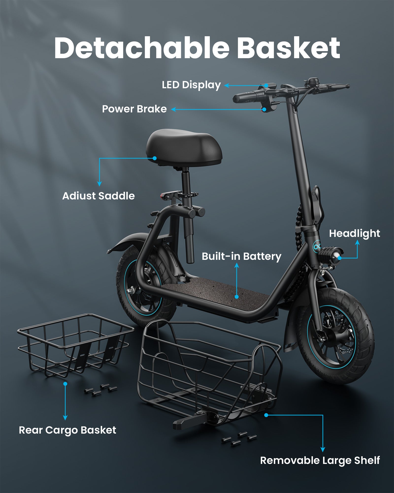 electric scooter with seat side view dual Detachable Basket cargo storage wide deck design