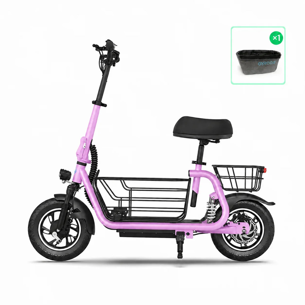pink electric scooter with seat dual basket system and basket insert for stable cargo and commuting use