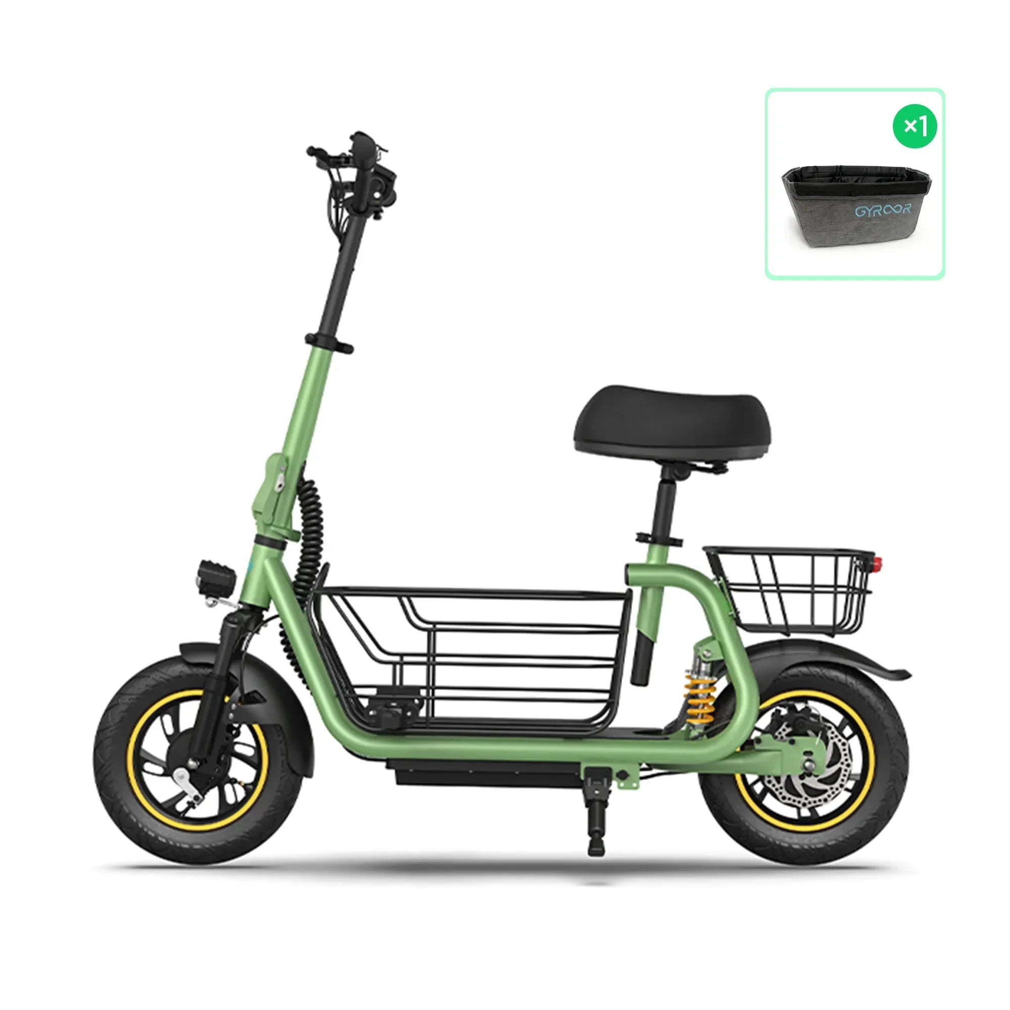 electric scooter with seat dual basket system and basket insert for stable cargo and commuting use