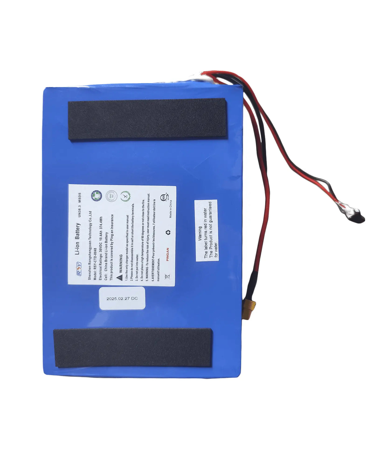 Blue lithium-ion battery for electric scooter with black foam padding and red and black wires for power connection, model C1Pro.