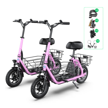 two pink electric scooters accessories bundle phone holders scooter locks cup holders and mirrors