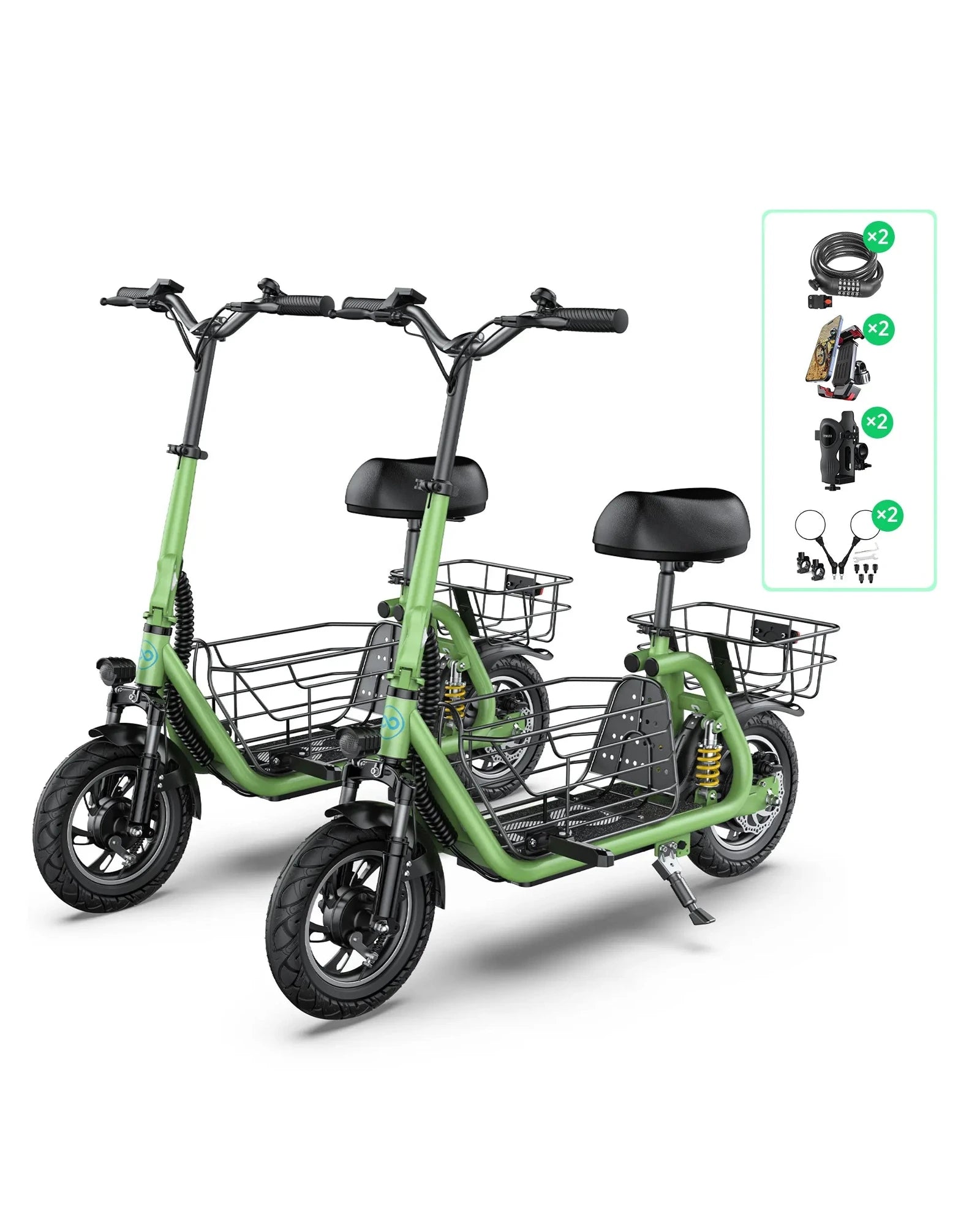 two green electric scooters accessories bundle phone holders scooter locks cup holders and mirrors