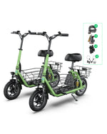 two green electric scooters accessories bundle phone holders scooter locks cup holders and mirrors