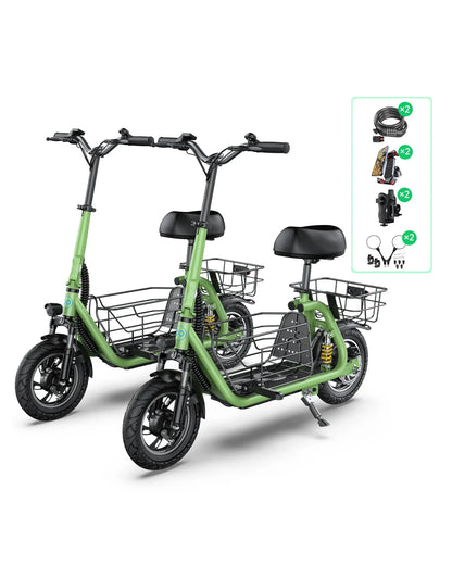 two green electric scooters accessories bundle phone holders scooter locks cup holders and mirrors