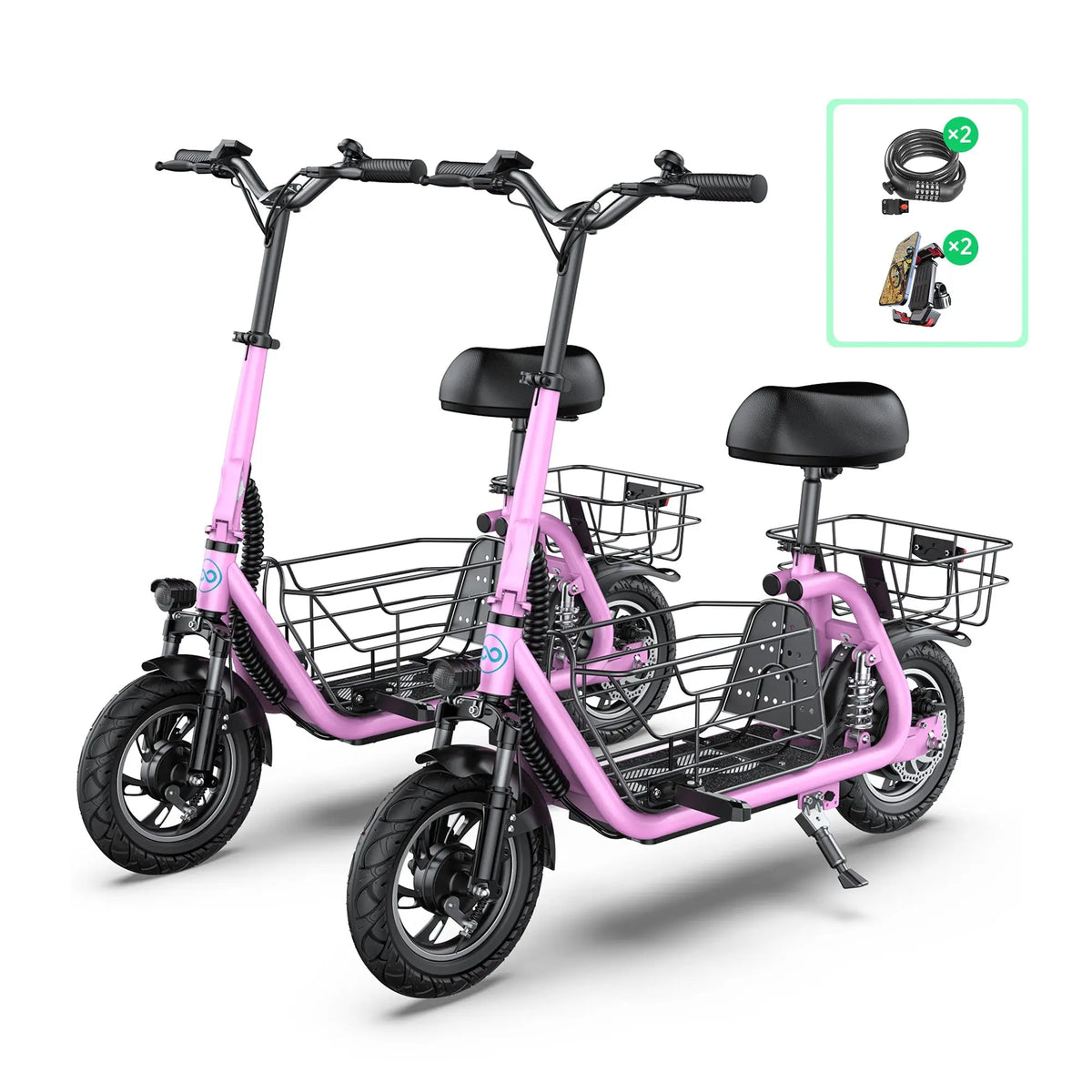 two pink electric scooters accessories bundle phone holders and scooter locks