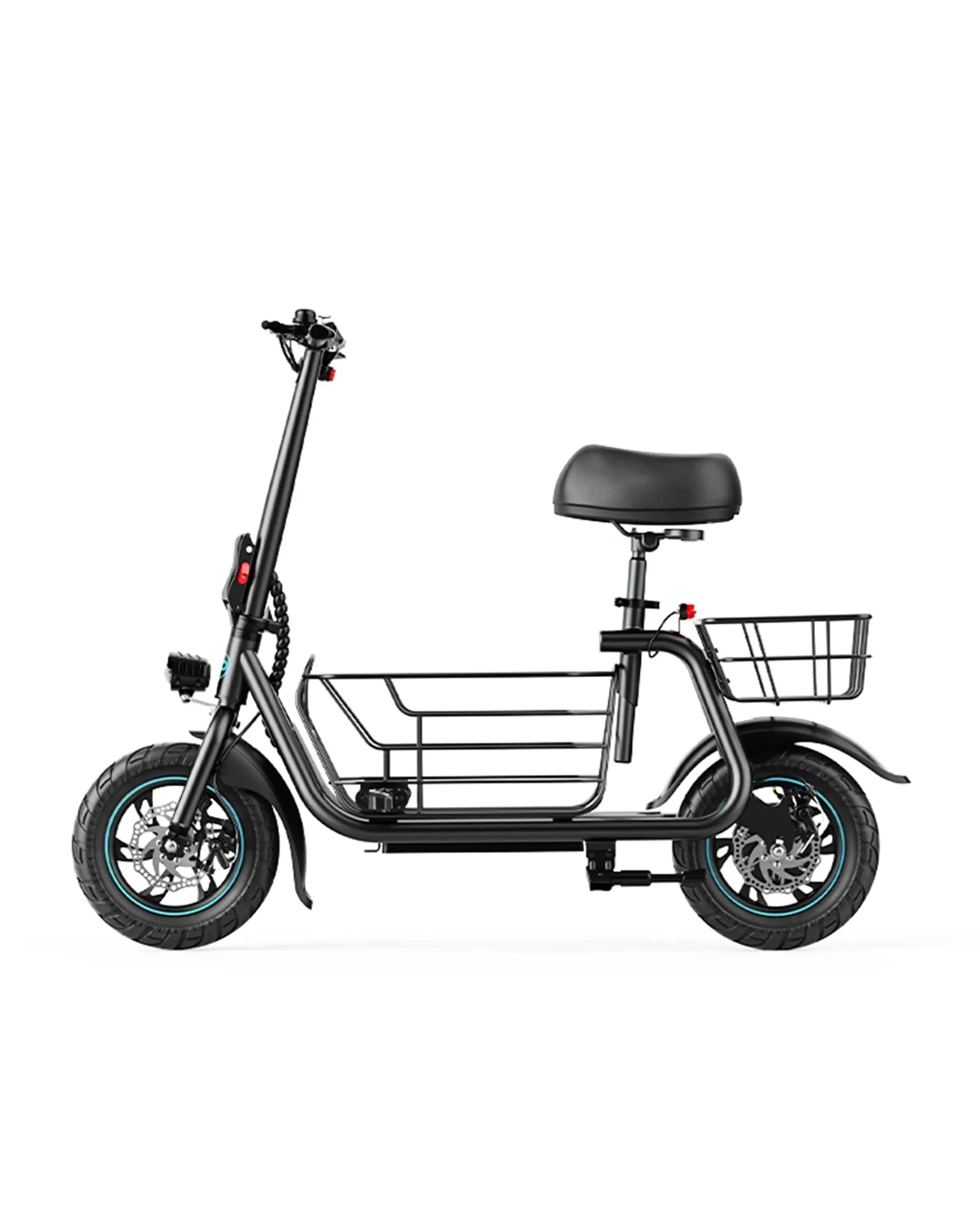 Gyroor C1S seated electric scooter with dual baskets and foldable design