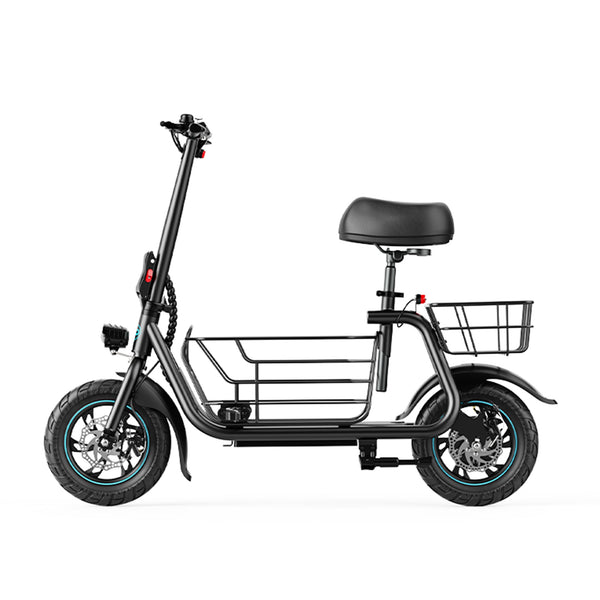 Gyroor C1S seated electric scooter with dual baskets and foldable design