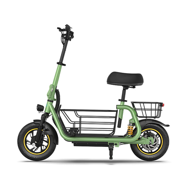 green seated electric scooter with dual detachable baskets 