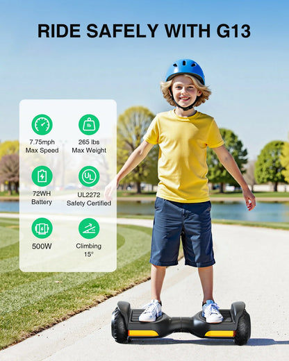 Gyroor G13 hoverboard with a 500W motor, 72Wh battery, UL2272 safety certification