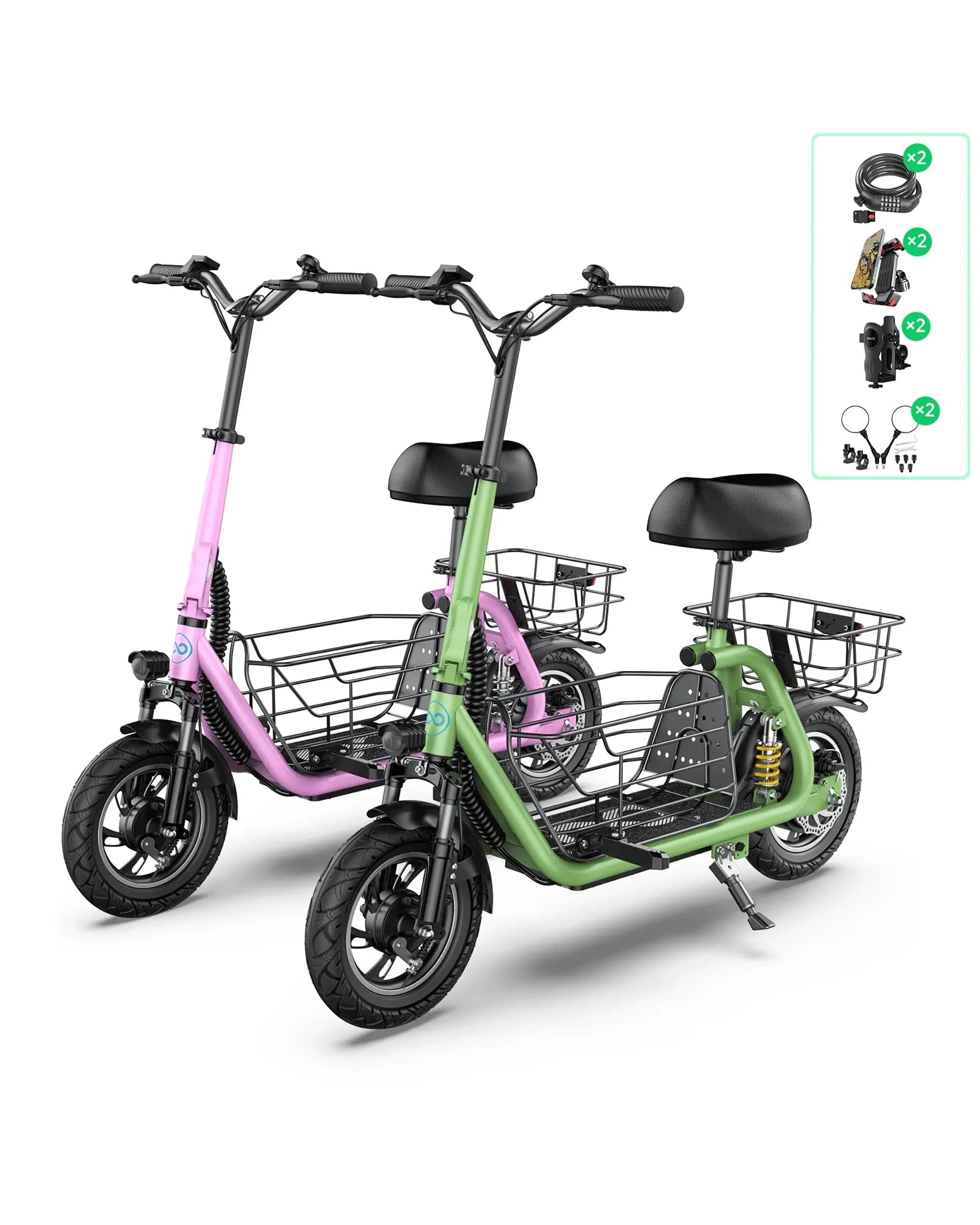 pink and green electric scooters accessories bundle phone holders scooter locks cup holders and mirrors