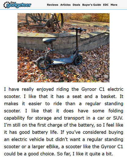 THE Gadgeteer review badge for the Gyroor C1 seated electric scooter