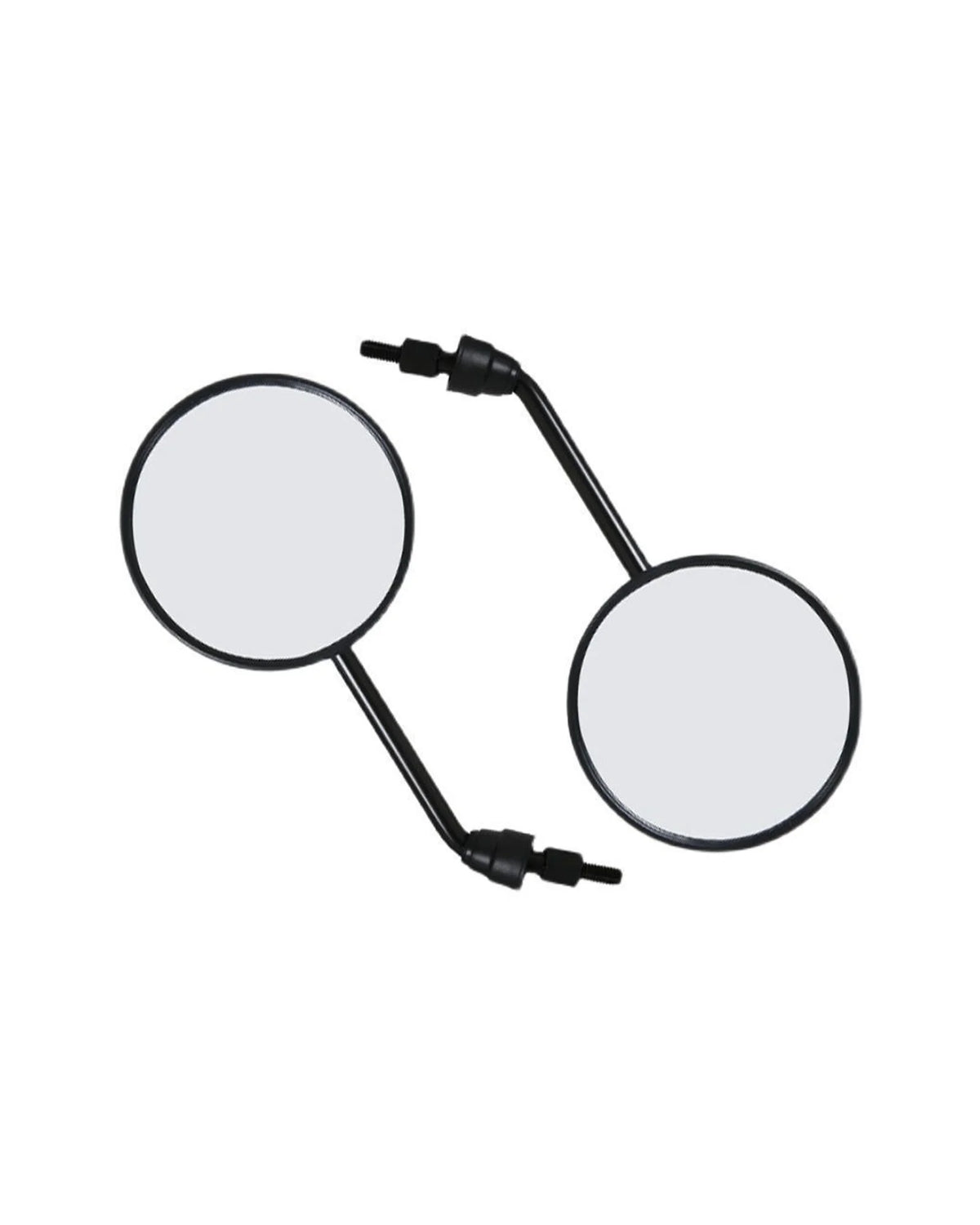 Front view of a pair of round black rearview mirrors for electric scooters with curved metal stems