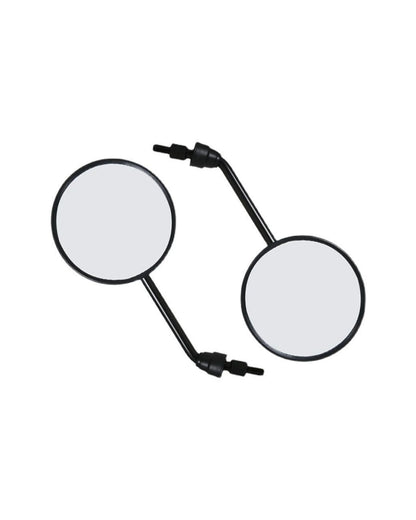 Front view of a pair of round black rearview mirrors for electric scooters with curved metal stems