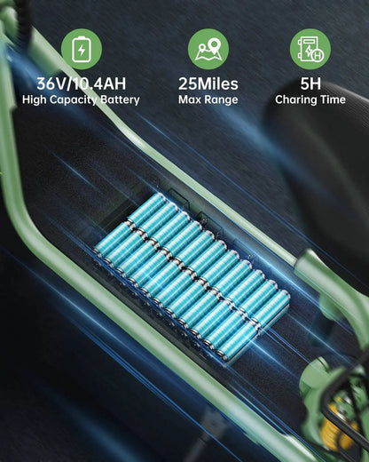 electric scooter 36V 10.4Ah battery 25 miles max range 5 hours charging time display