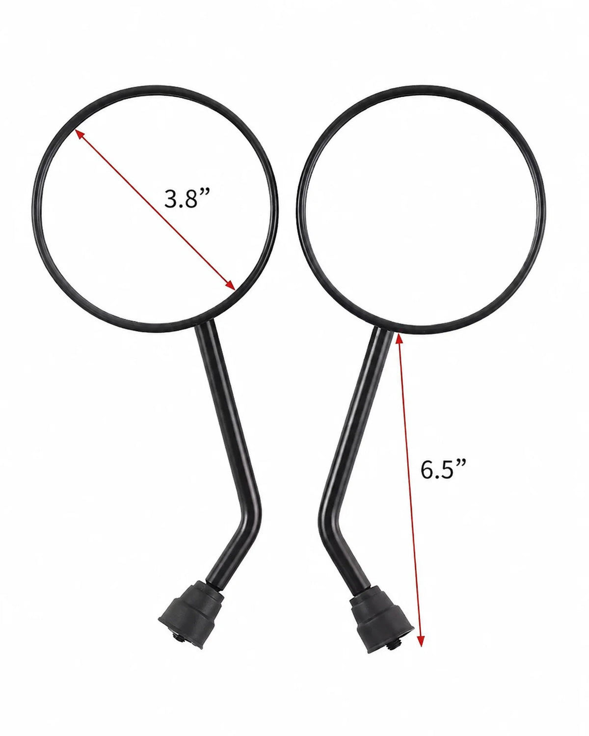 Round electric scooter rearview mirrors showing 3.8-inch mirror diameter and 6.5-inch overall height