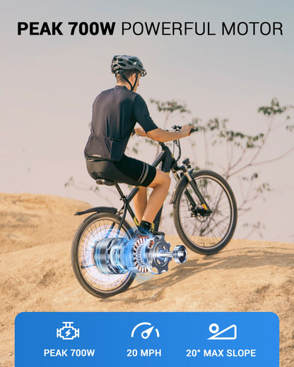 Gyroor EB263 electric bike rider commuting on city road
