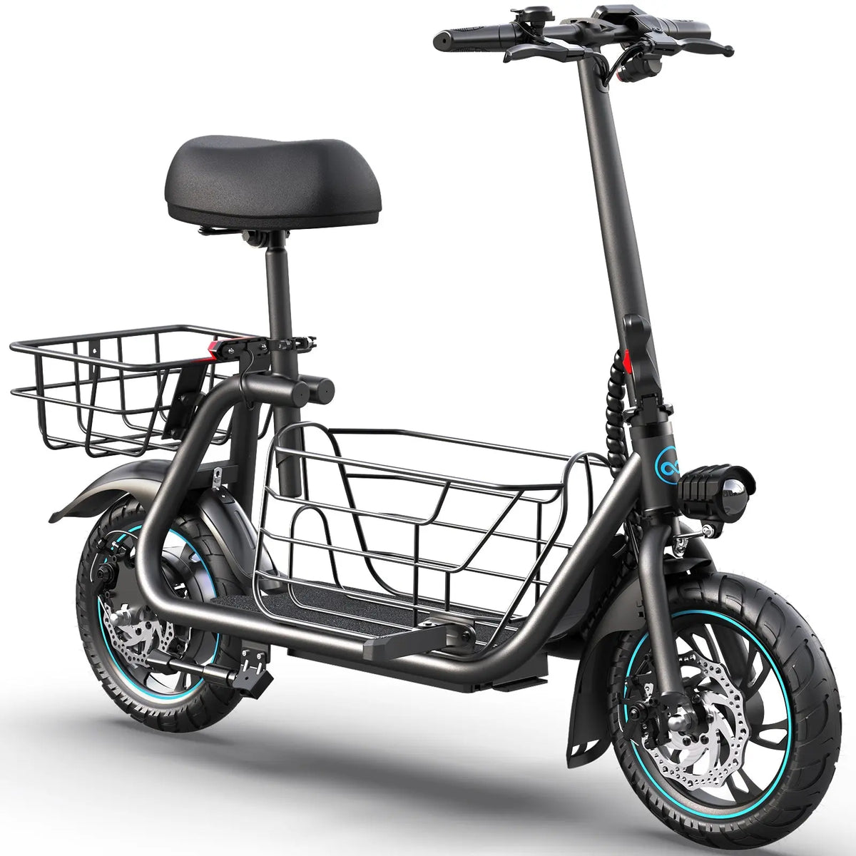 electric scooter with adjustable seat and large storage basket design