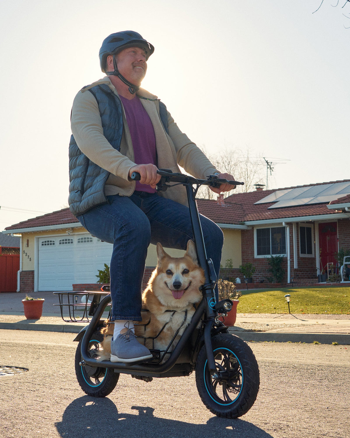 electric scooter used for walking dog in the street lifestyle scene