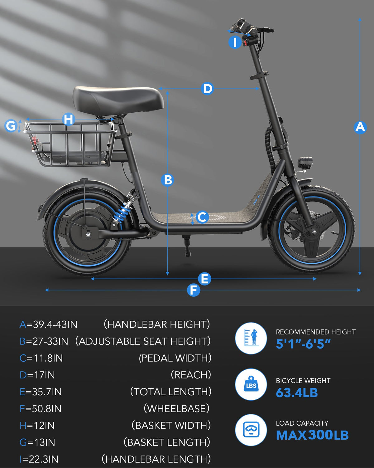 Gyroor C1Plus foldable electric scooter with 300 lbs max load capacity infographic