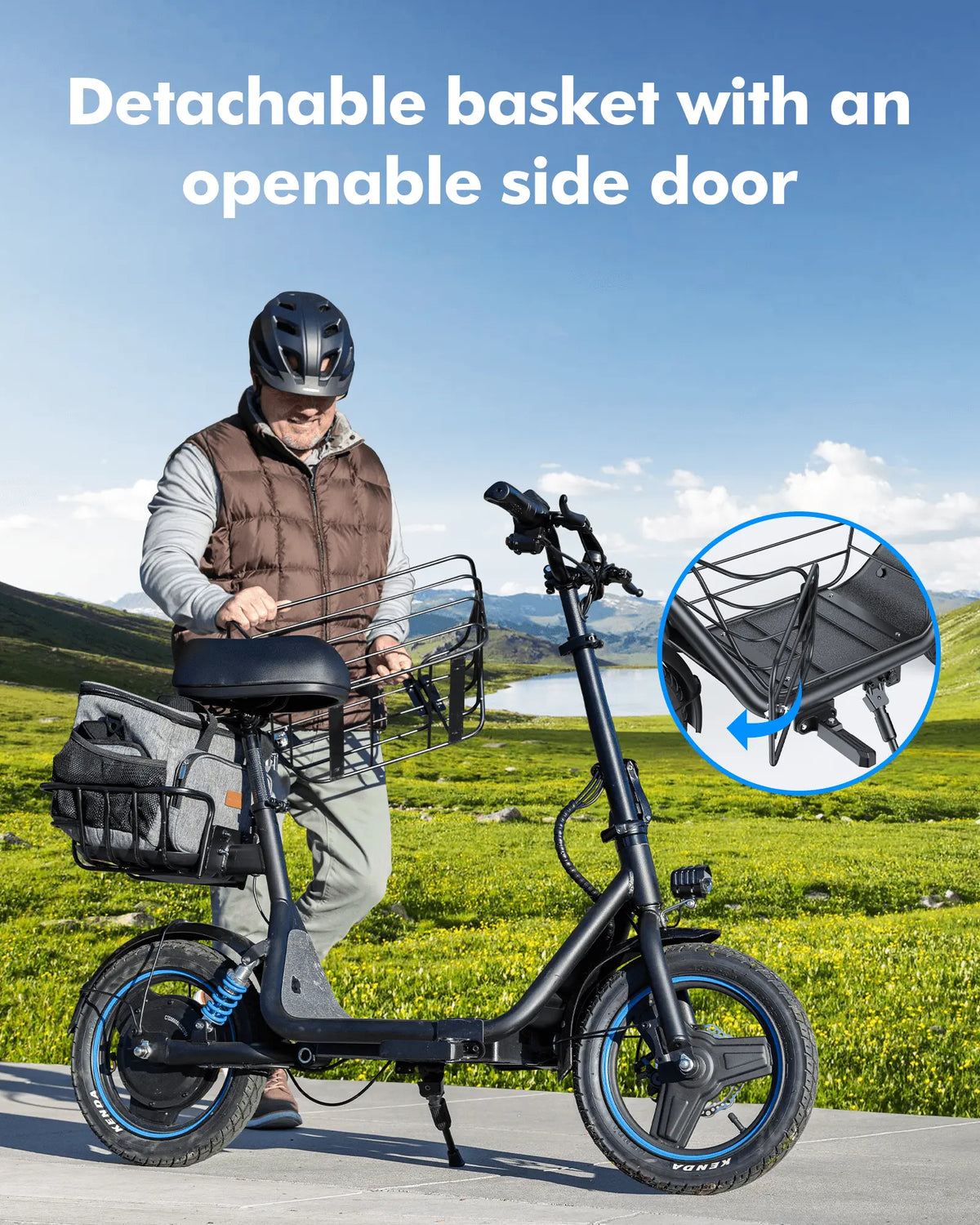 Gyroor C1Plus electric scooter with a detachable basket featuring an openable side door