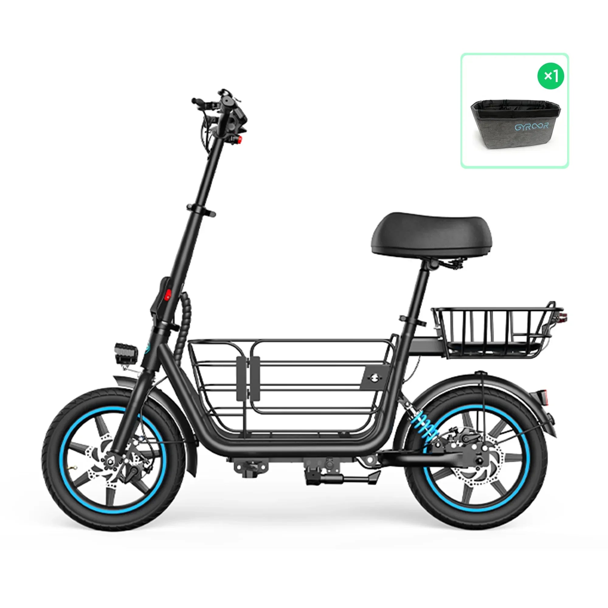 Gyroor C1Plus electric scooter padded pet basket insert keeping a dog comfortable
