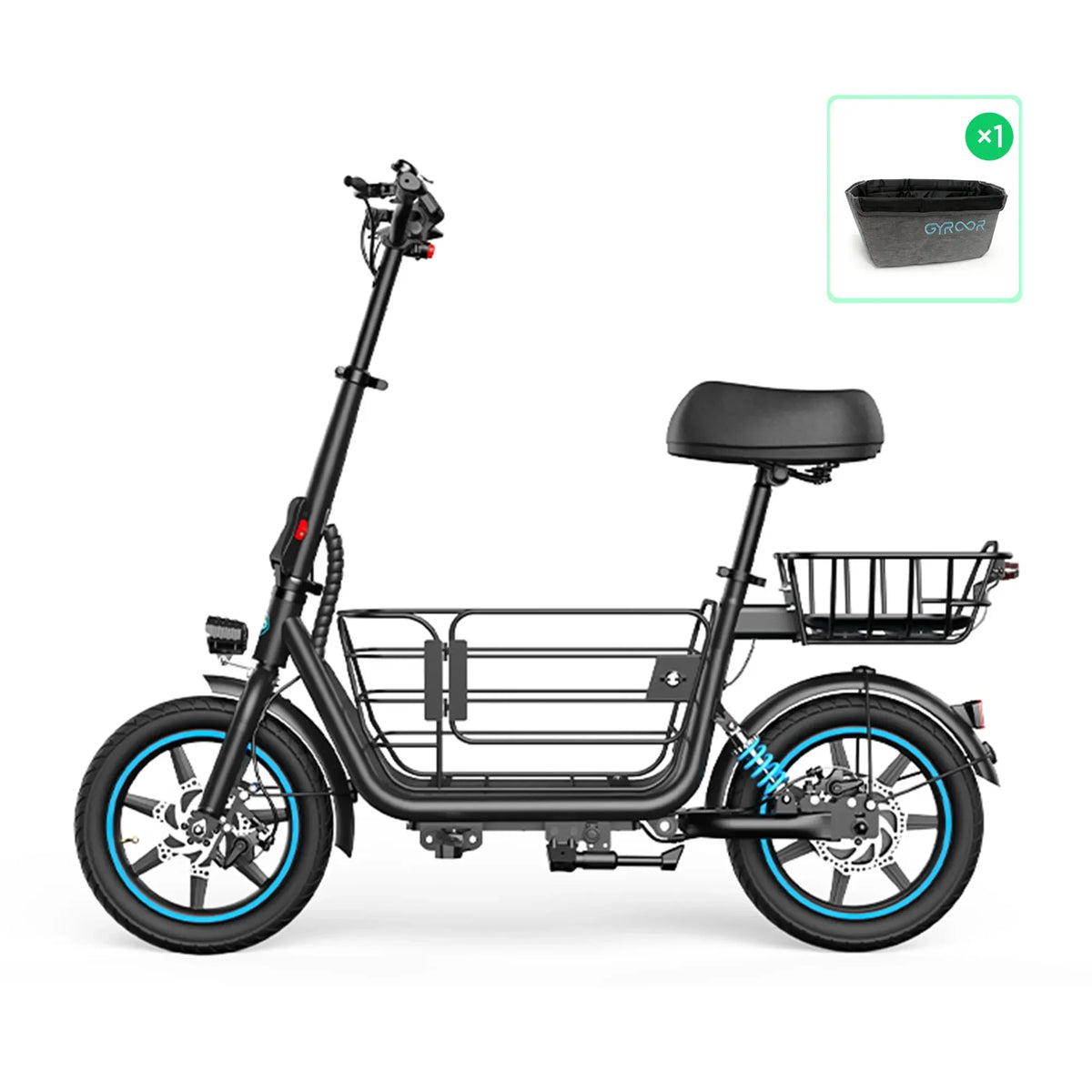 Gyroor C1Plus electric scooter padded pet basket insert keeping a dog comfortable