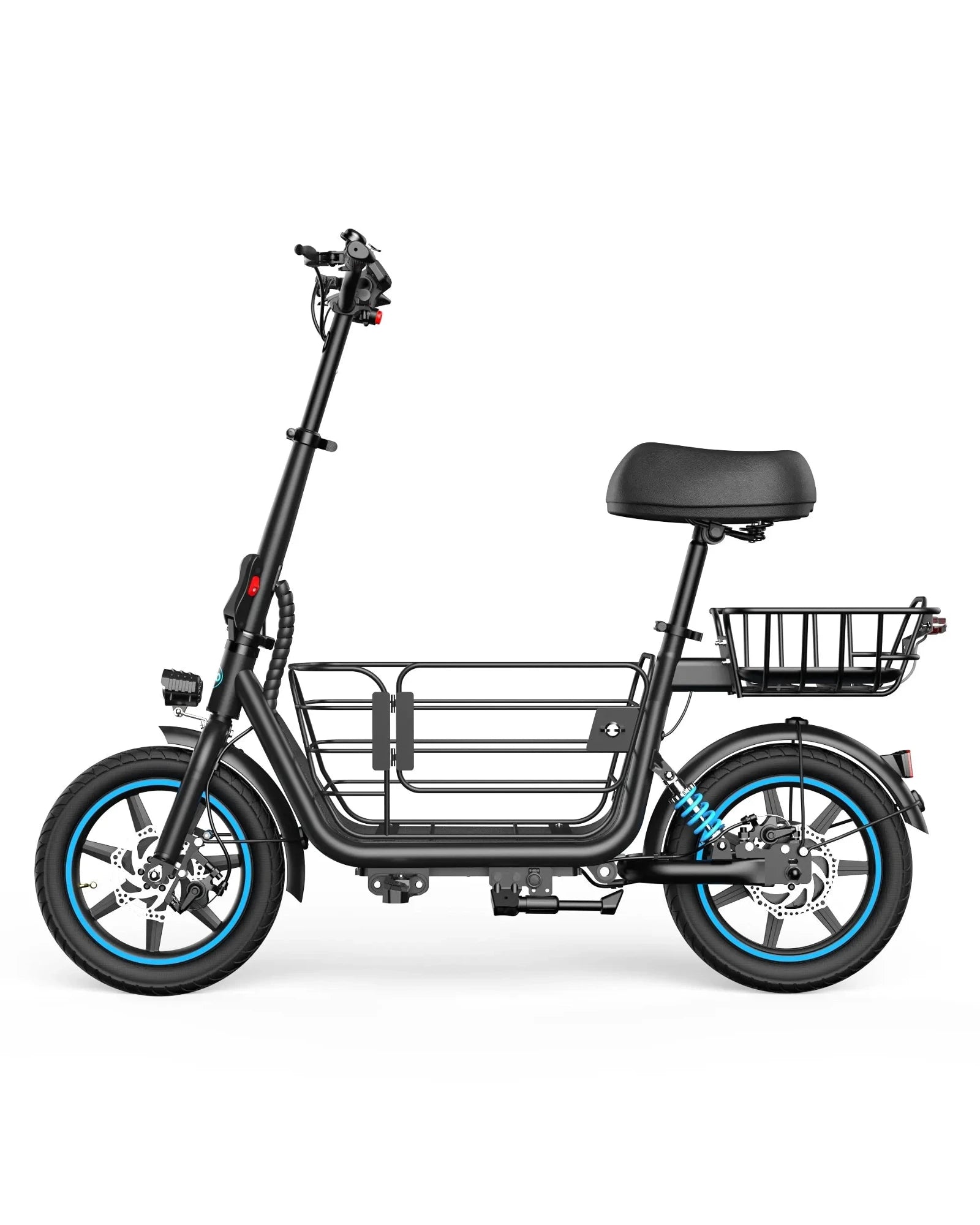 Gyroor C1Plus electric scooter for adults in black, side view with front and rear cargo baskets