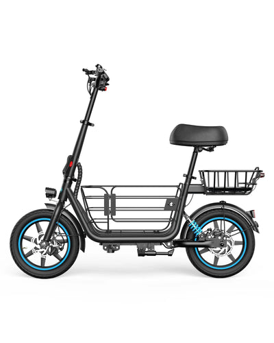 Gyroor C1Plus electric scooter for adults in black, side view with front and rear cargo baskets