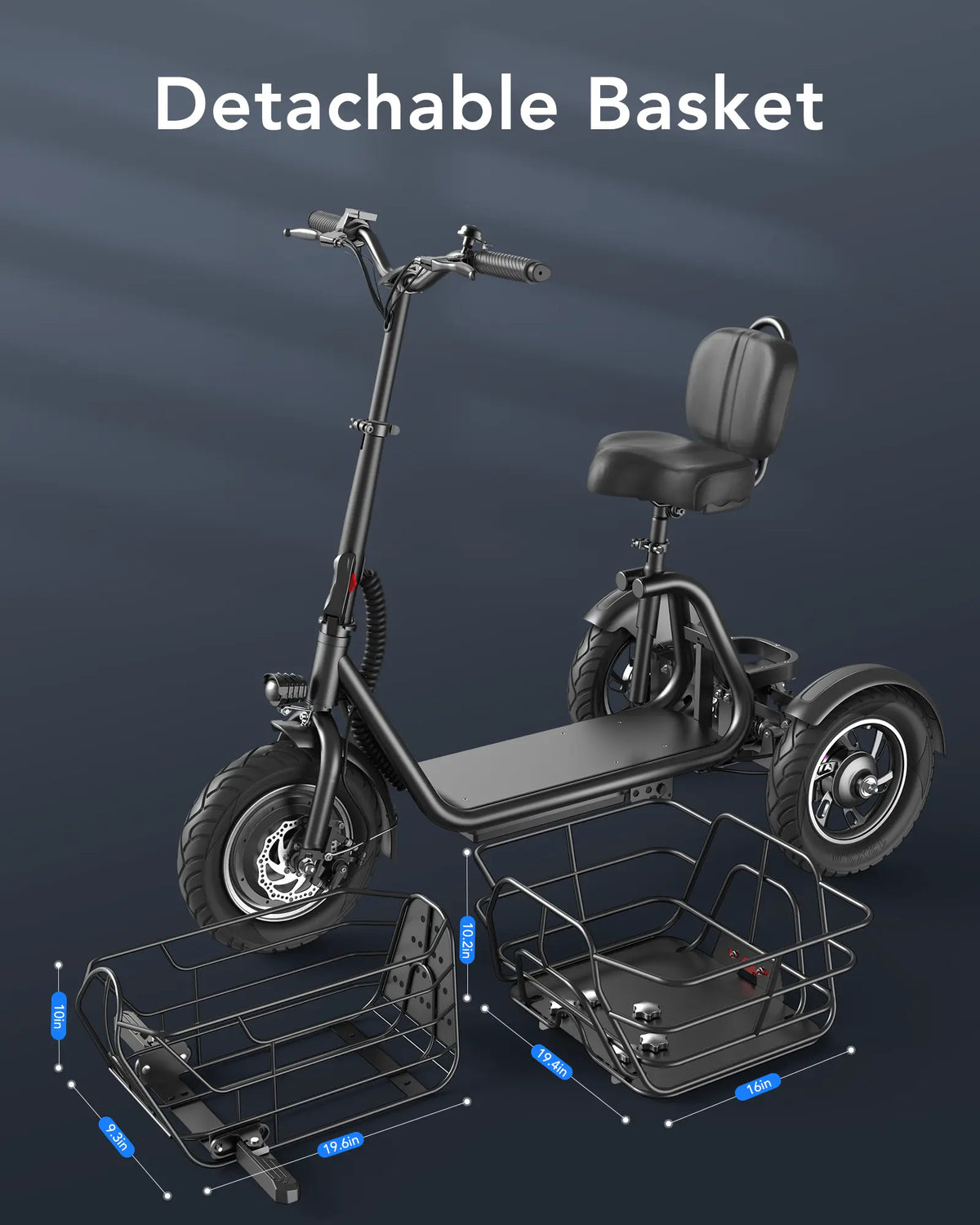 Gyroor C5 foldable electric trike infographic highlighting fold-down design