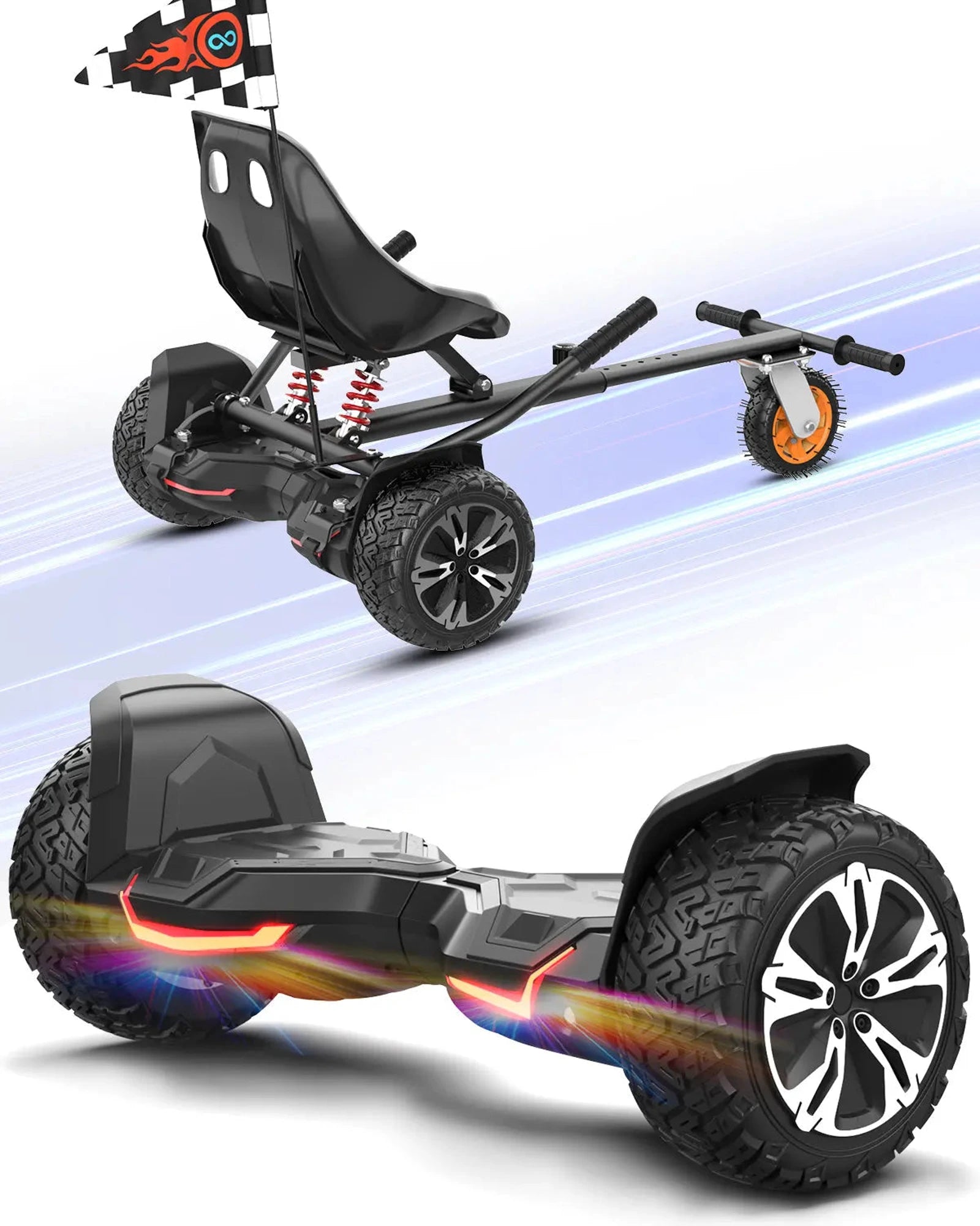 Gyroor G2 hoverboard with K2 go-kart seat attachment, full bundle view
