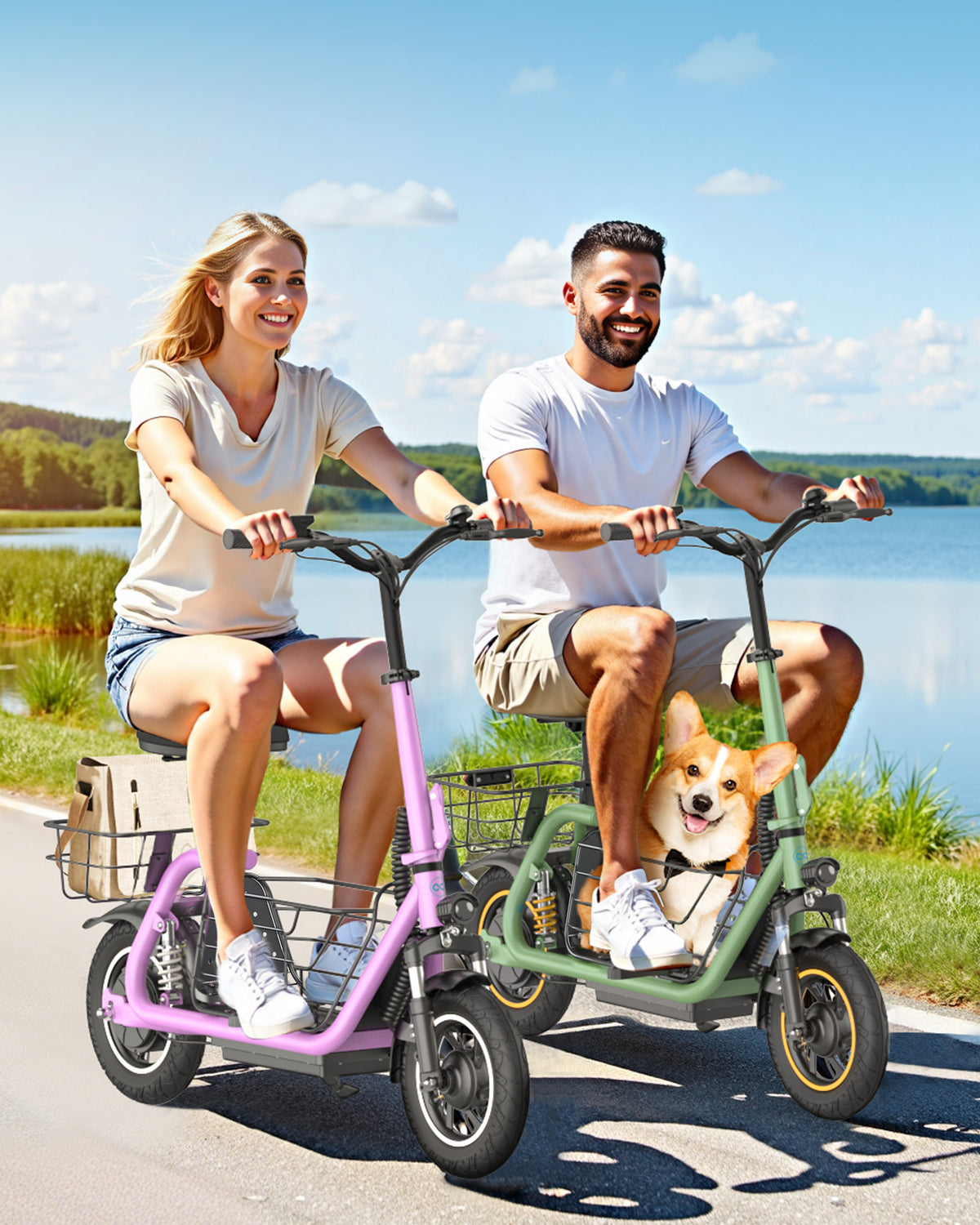 adults riding electric scooters with front basket carrying dogs and rear cargo basket