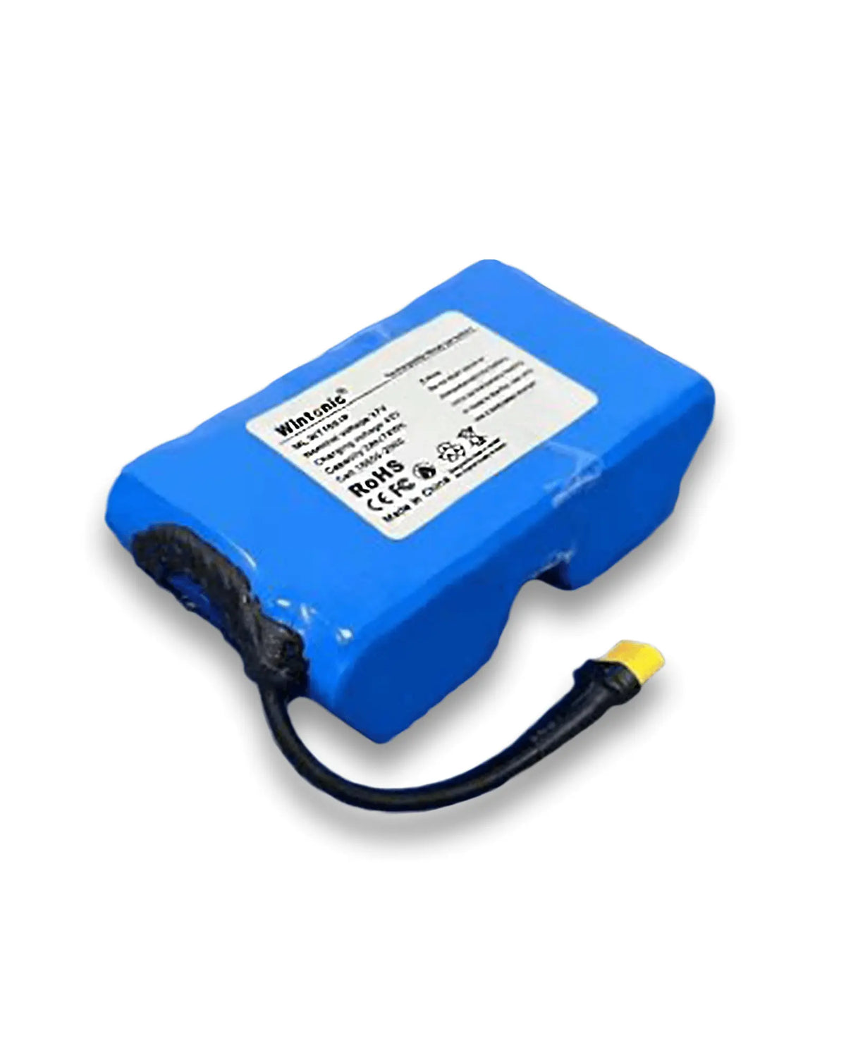 Blue replacement battery for Gyroor G13 hoverboard with black and yellow power connector, durable lithium-ion material, compact size