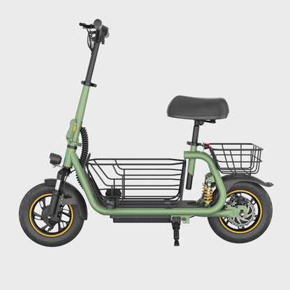 Electric scooter with a green frame, black seat, large black tires with yellow accents, front suspension, and basket for outdoor riding-C1pro