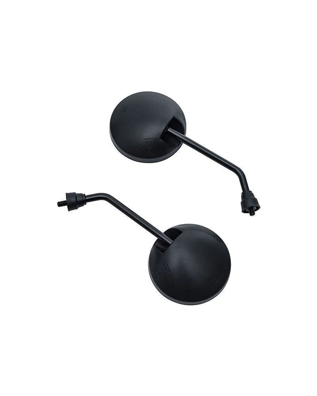 Back view of two round black electric scooter rearview mirrors with curved metal stems